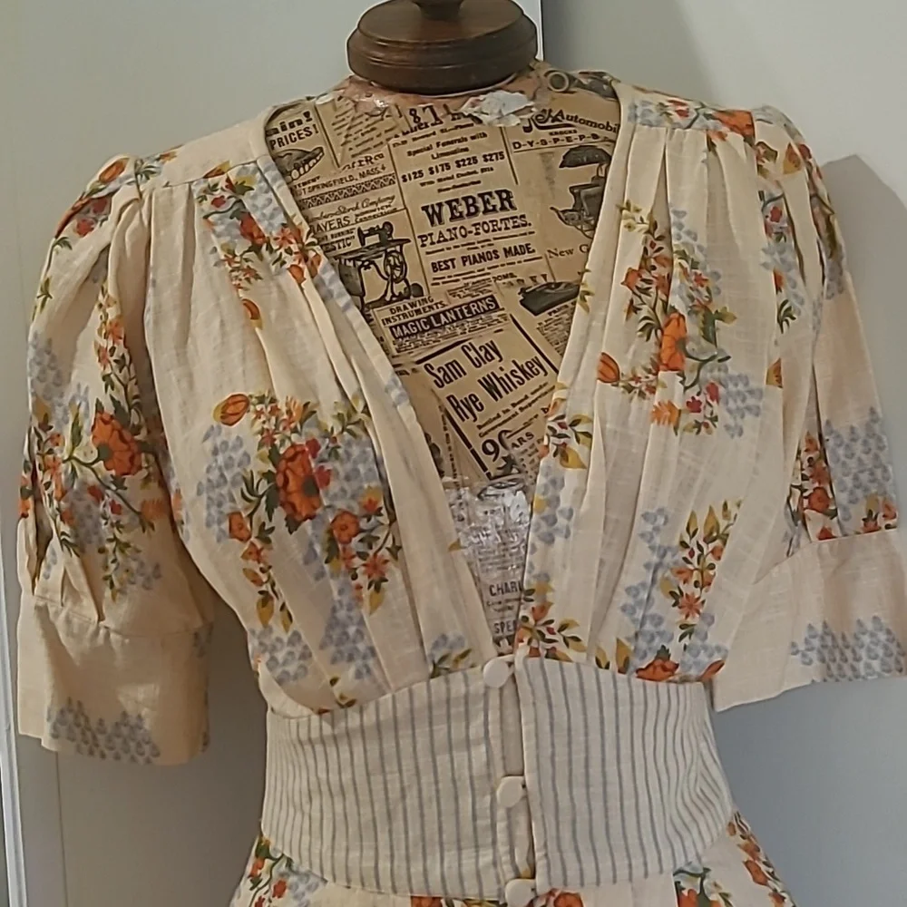 Agua Bendita Menta Sunbaze by Antropologie Floral Beige Mini Dress Pleated - Picture 5 of 10